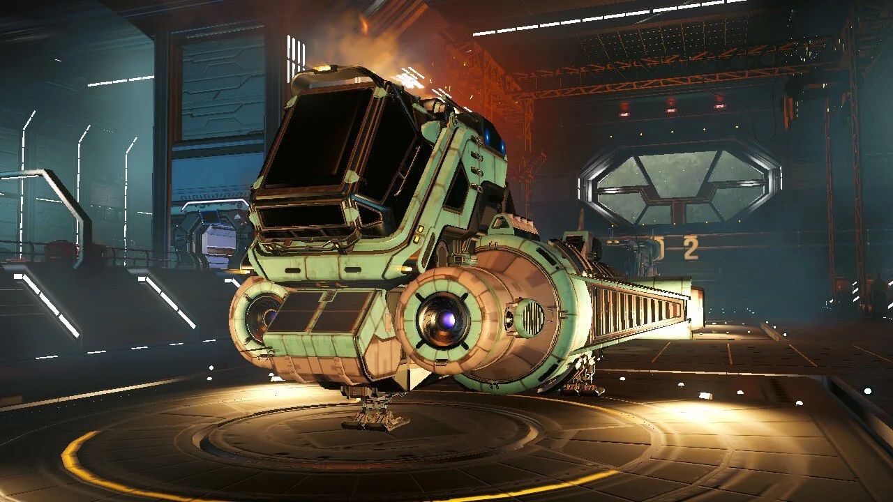 A futuristic spacecraft docked in a well-lit hangar, with glowing lights and intricate mechanical details.