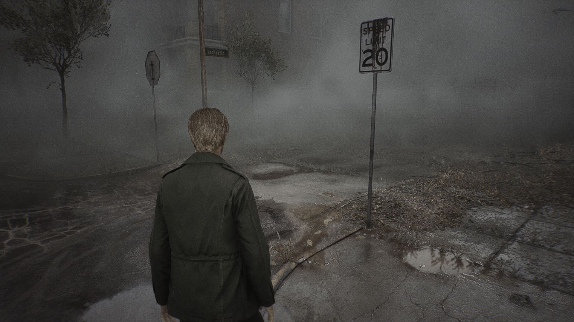 A lone figure in a dark green coat standing on a foggy, desolate street corner near a speed limit sign, with eerie, dim lighting.