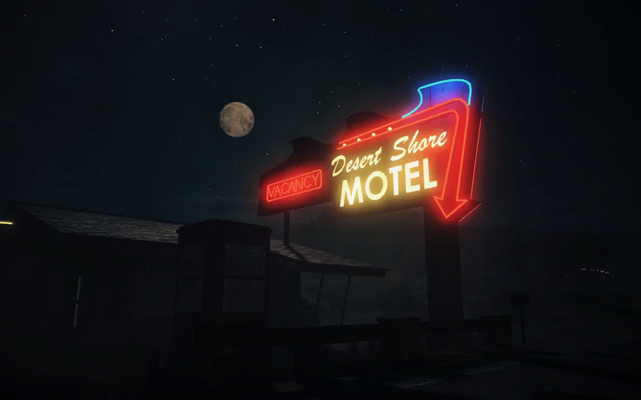 Neon sign reading “Desert Shore MOTEL” with a glowing red arrow and a “VACANCY” indicator, set against a dark, starry night sky with a full moon.