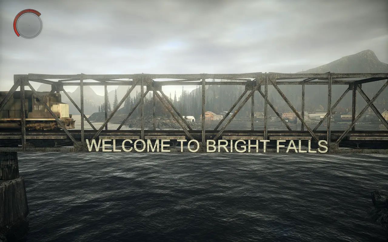 A weathered steel bridge spans over dark, rippling water with a train crossing it. Large, bold letters on the bridge read, “WELCOME TO BRIGHT FALLS,” with a misty, forested town and mountains in the background.
