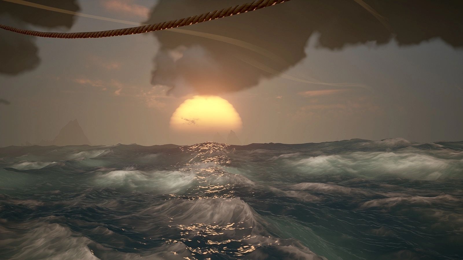 A serene ocean scene at sunset, with the sun partially obscured by clouds and its reflection shimmering on the waves.