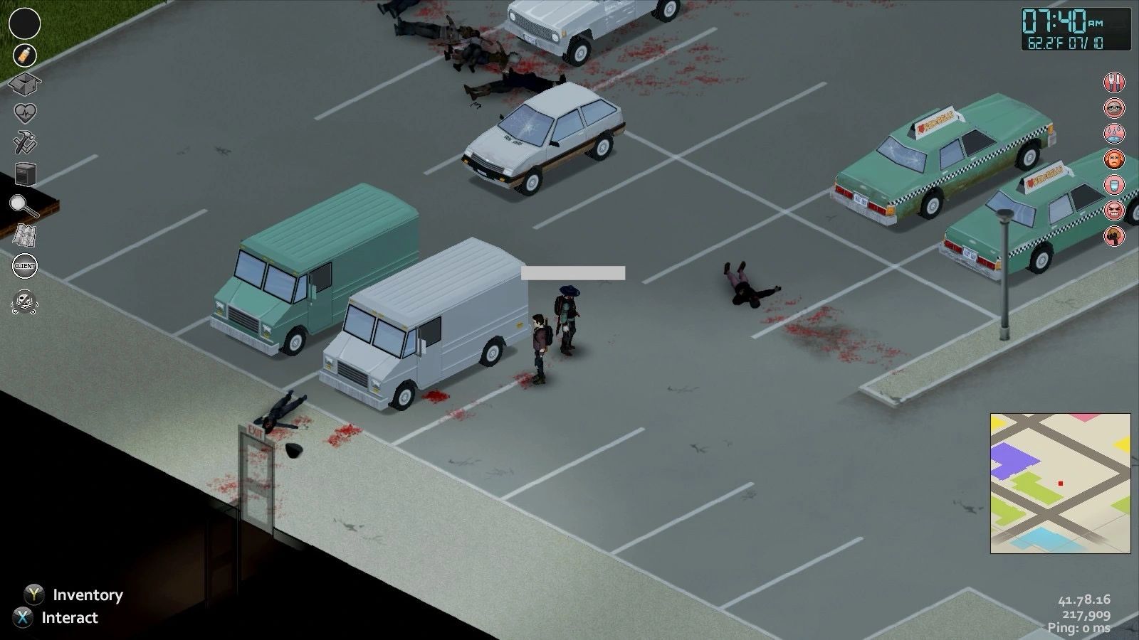 An isometric view of a parking lot in a video game, featuring two characters near white and green vans with bloodstains and scattered zombie bodies.