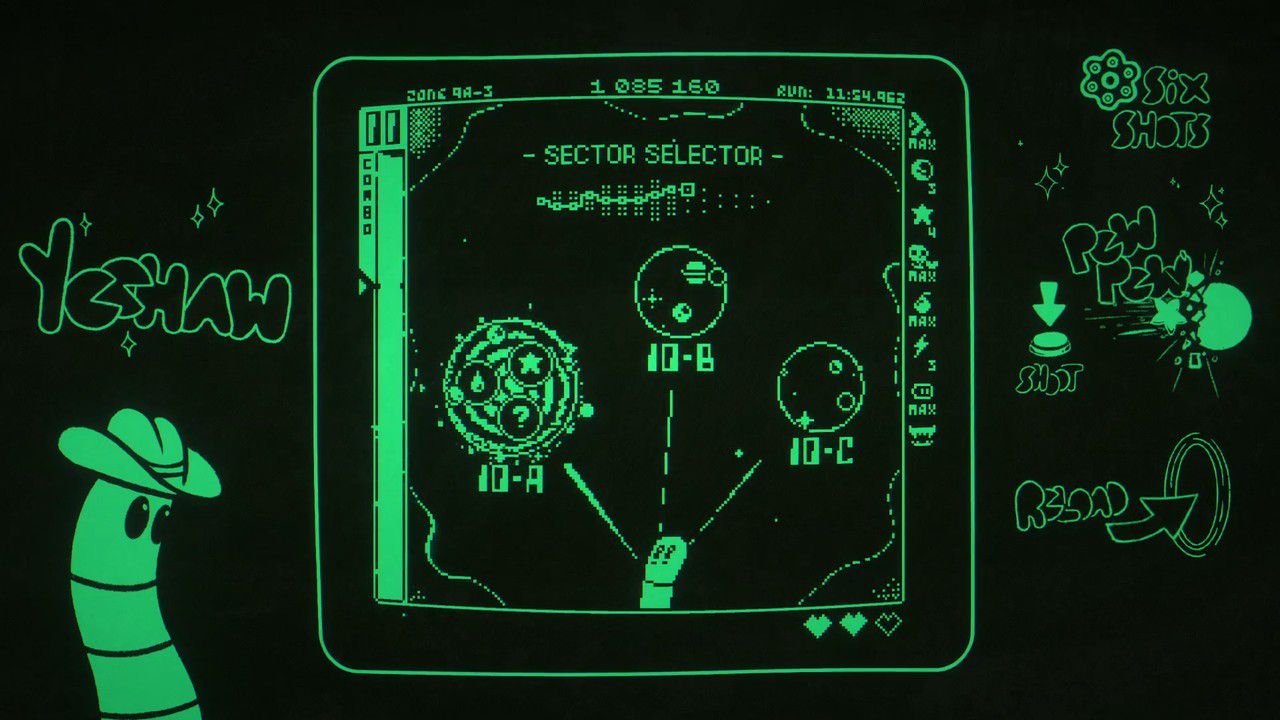 At the “SECTOR SELECTOR” screen, you choose which levels to play next and get a choice of three upgrades within.