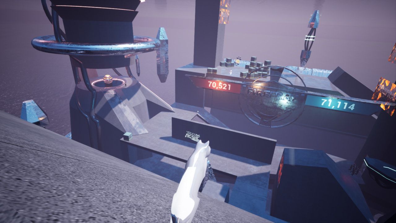 Overlooking a capture the flag map for a multiplayer game called “Firefray”. A score counter on the wall shows it’s 70.5k to 71.1k. The map is empty except for a handful of bots crowding around a door, stuck!