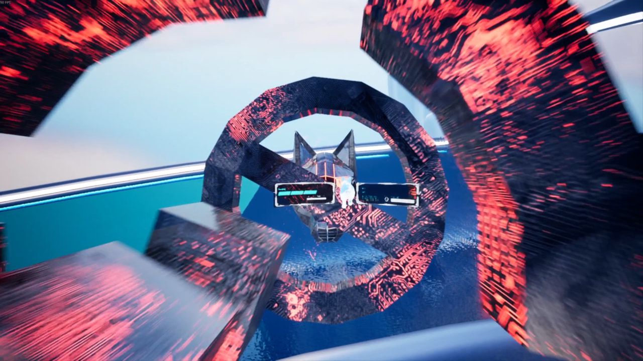 A giant robot guard dog launches a barrage of large, blocky obstacles, which Hapi dodges. Some obstacles whizz by the camera at high speed. One looks like a huge “not allowed” symbol.