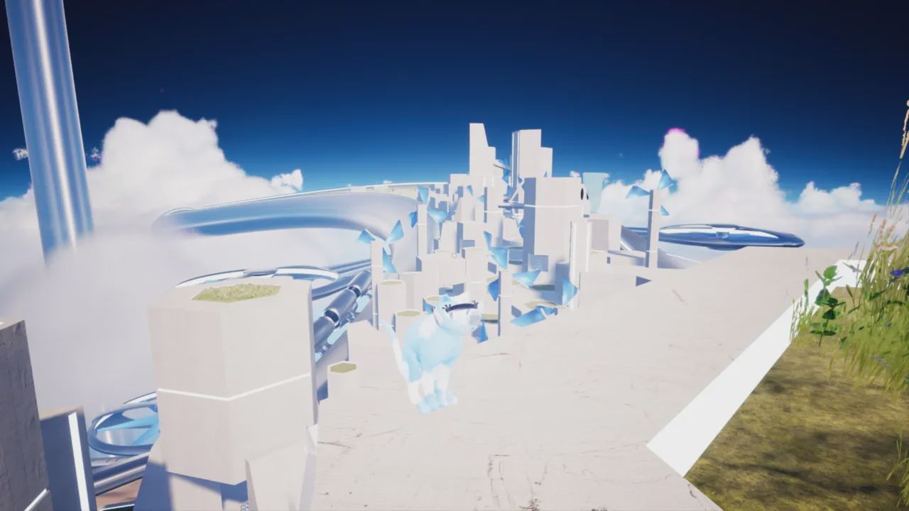 Hapi sits atop a tall tower overlooking a pristine but empty city, crowded with concrete structures and windmills.