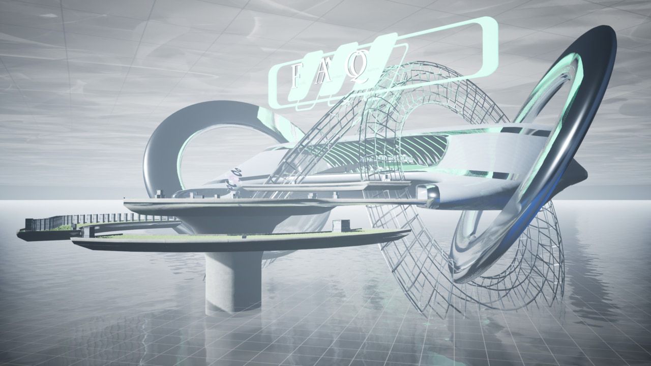 The “FAQ” building is a curvy, futuristic, shiny chrome pod standing in a vast silver sea. Some large wireframe and chrome rings hover astride the length of the pod.