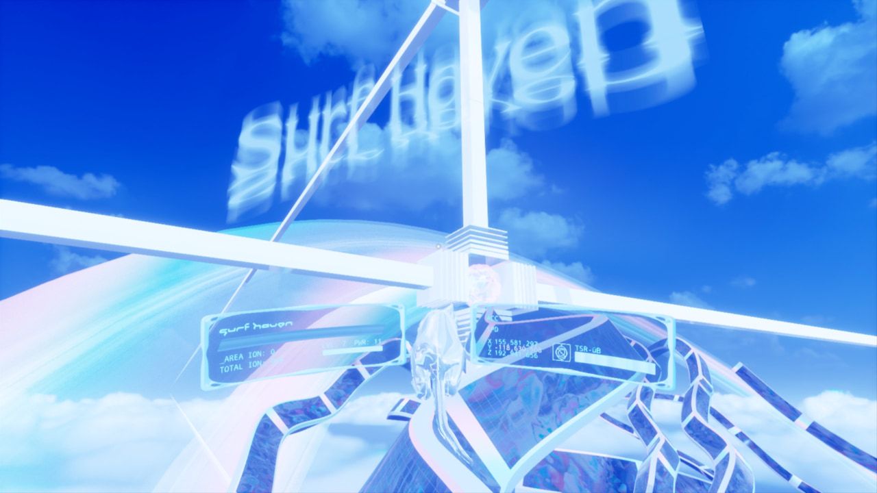 “Surf Haven” is a tangle of Counter-Strike-style surf ramps floating in a sunny sky void. The beams anchoring this structure extend off to infinity.