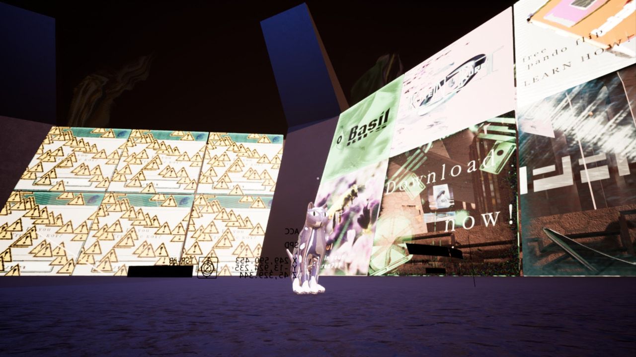 Hapi sitting at a run-down, abandoned site. Large glass advertising panels are all around.
