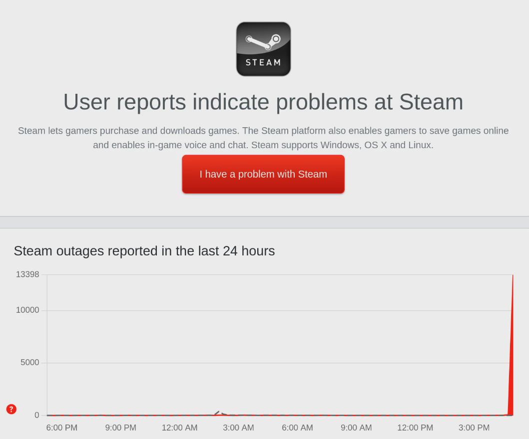 Picture of isSteamDown showing that Steam is indeed experiencing issues