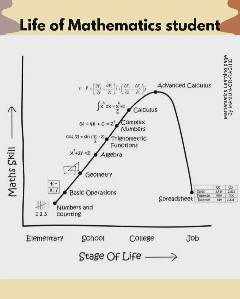Graph. Ordinate has "State of Life". Abscissa had "Maths Skill". 

Inversely parabolic with math increasing up to calculus, then going down to a spreadsheet level of math. 
