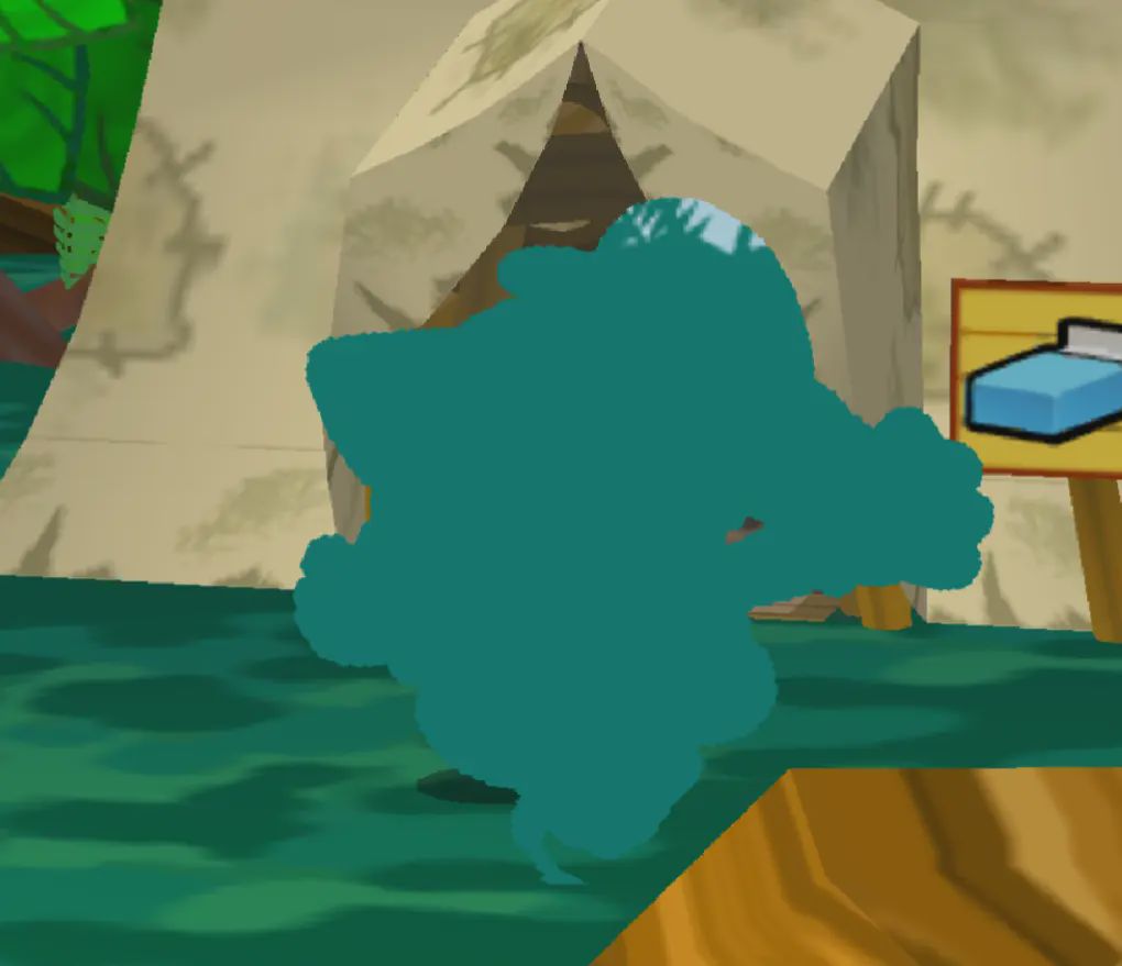 large greenish blue shadow of mario and vivian in front of a tent with a bed sign
