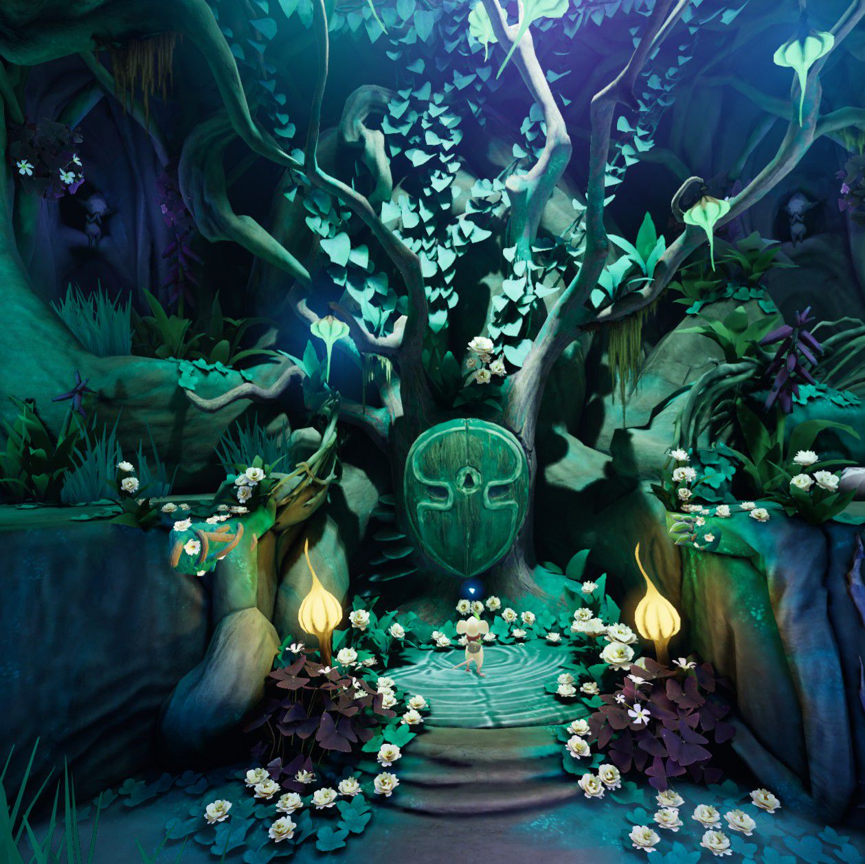 Under moonlight, Quill approaches an ornately decorated tree and offers a tiny piece of glowing glass.