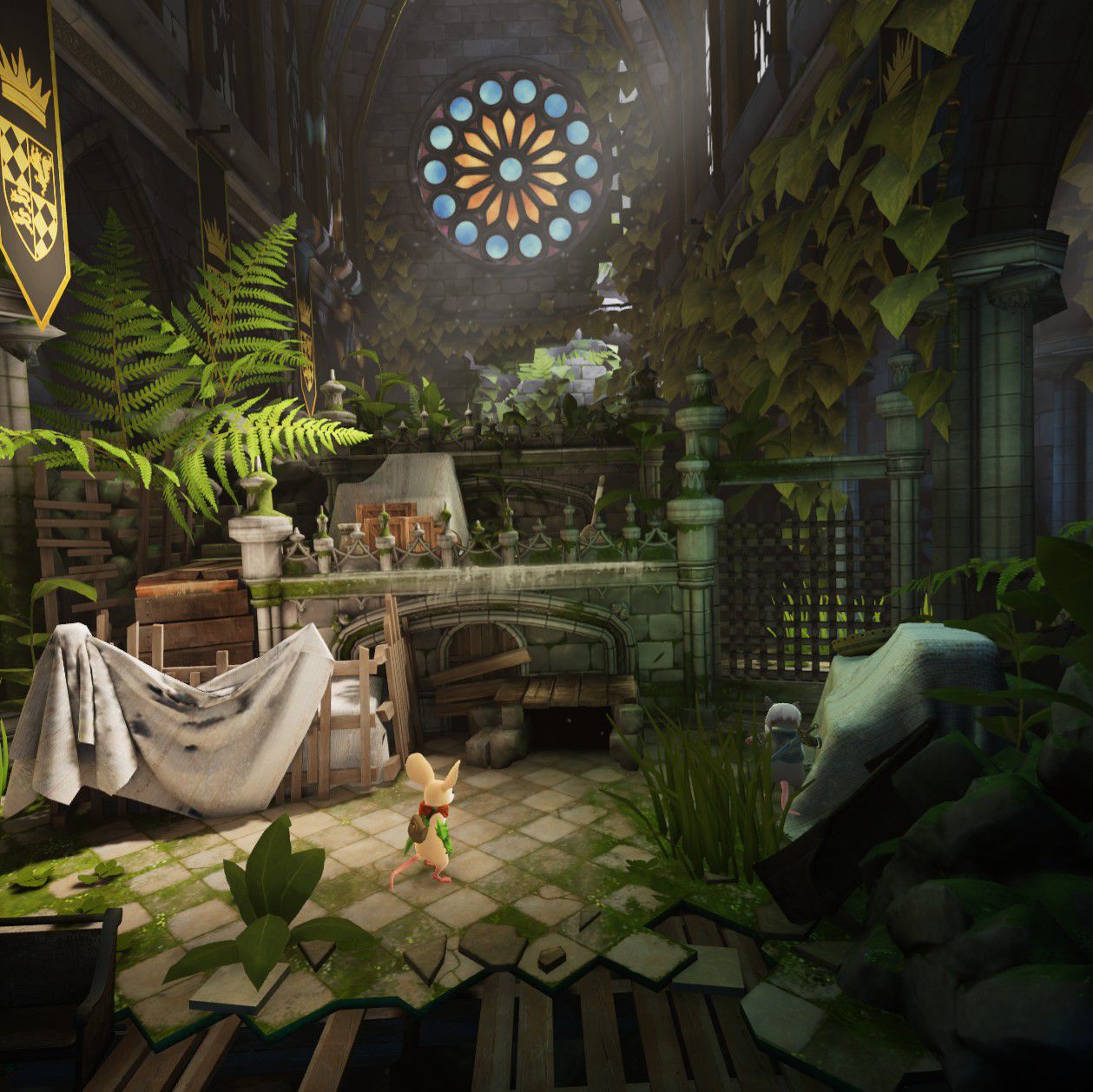 Quill looks over a room in an overgrown mouse-scale castle.