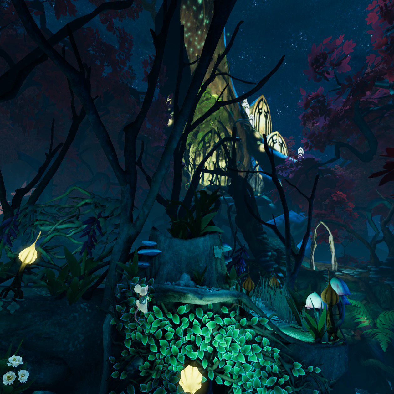 Quill climbs up a wall of vines in a swamp at night. In the background are a bunch of buildings formed from living trees.