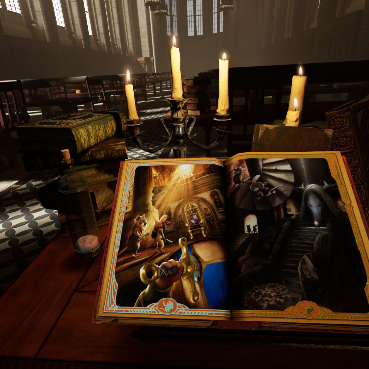 Inside a large reading hall, I’m sitting at a desk piled with books. Under candlelight, I’m reading the second book of Moss.