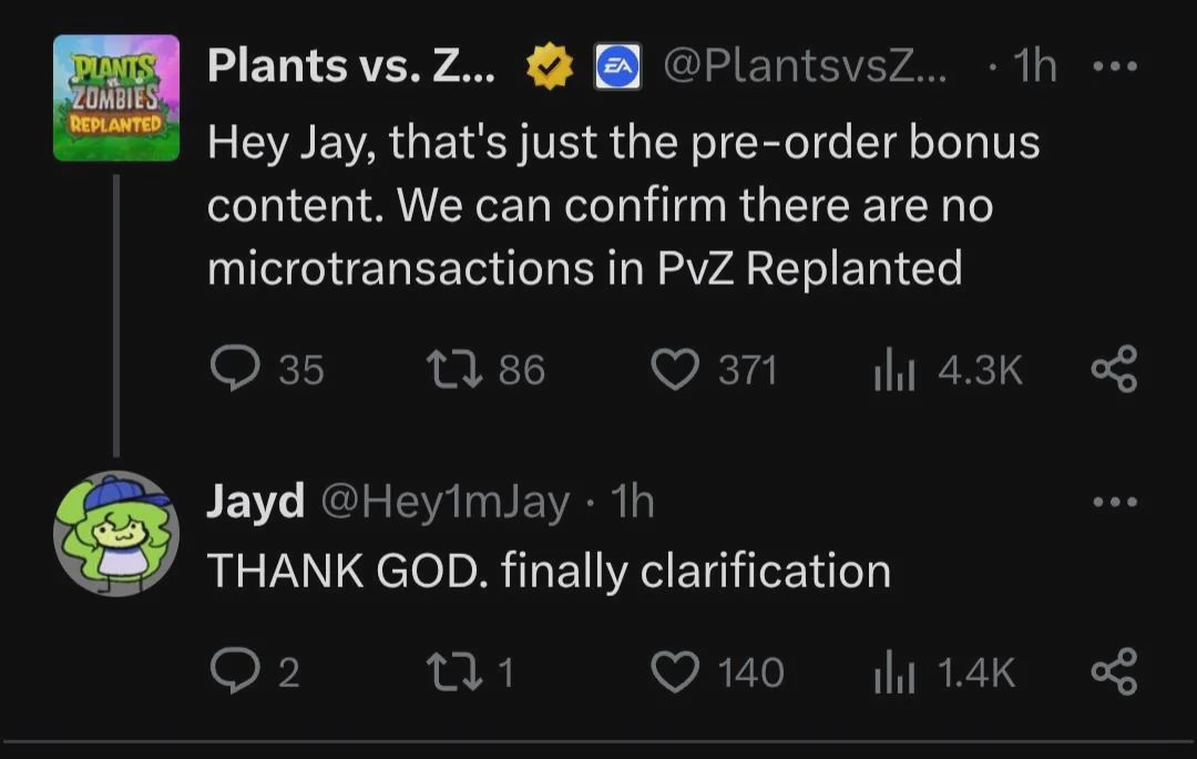 the official plants vs zombies account tweeted that there will be no microtransactions