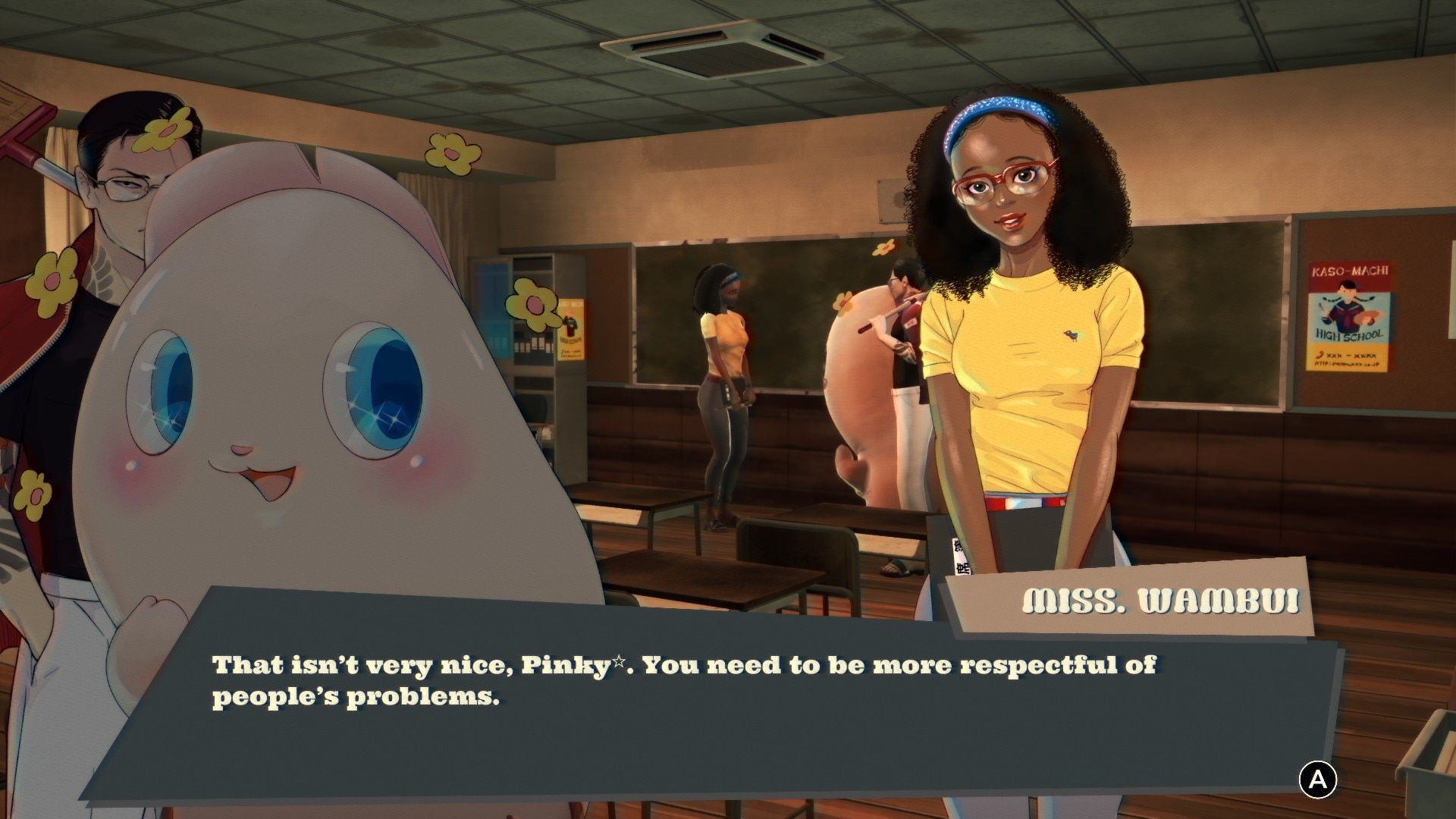 A picture of a scene in the game Promise Mascot Agency with Pinky and Miss Wambui.