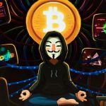 A hooded figure wearing a guy faux ask sits in lotus pose. Behind them is an illuminated personification of Bitcoin