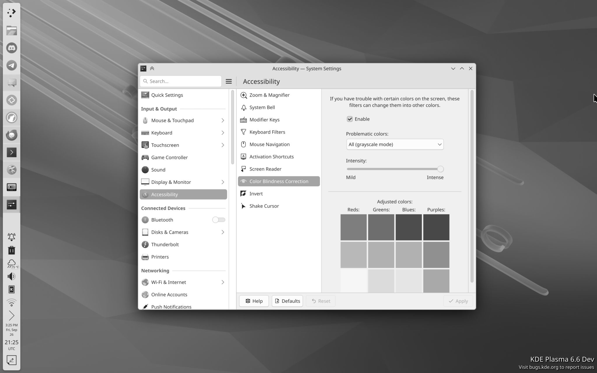 Image 2: Monochrome mode in use, showing the Plasma desktop and System Settings in grayscale