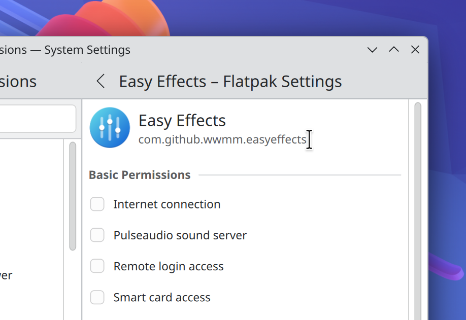Image 6: EasyEffects app on Flatpak Permissions page, with its id “com.github.wwmm.easyeffects” visible