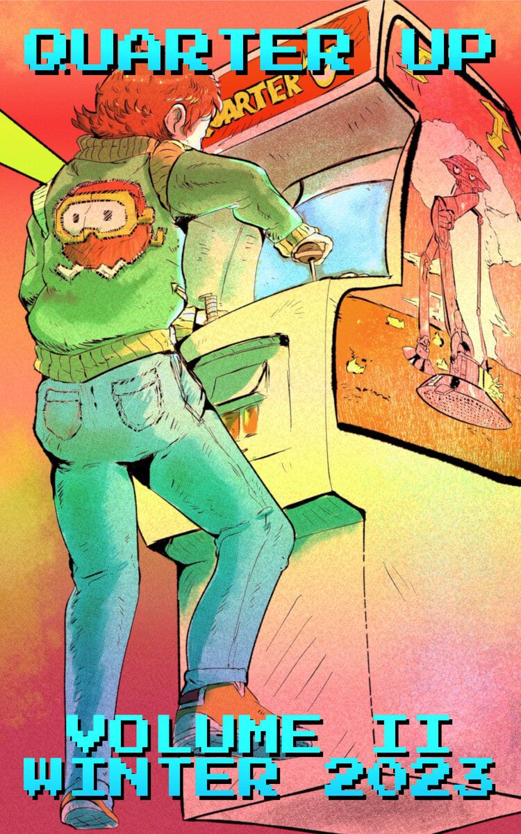 Cover for Issue #5 of Quarter Up, illustration by Pencilforge. Illustration shows a bottom-up isometric perspective on a young man in blue jeans and a pilot’s jacket playing a video arcade cabinet called Quarter Up, against an orange-yellow background.