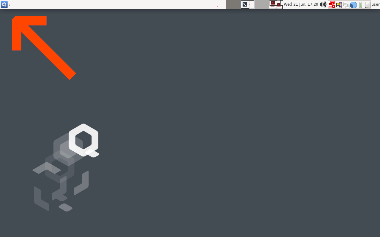 Screenshot of QubesOS with an arrow pointing to the “Q” Application Menu in the very top-left of the screen