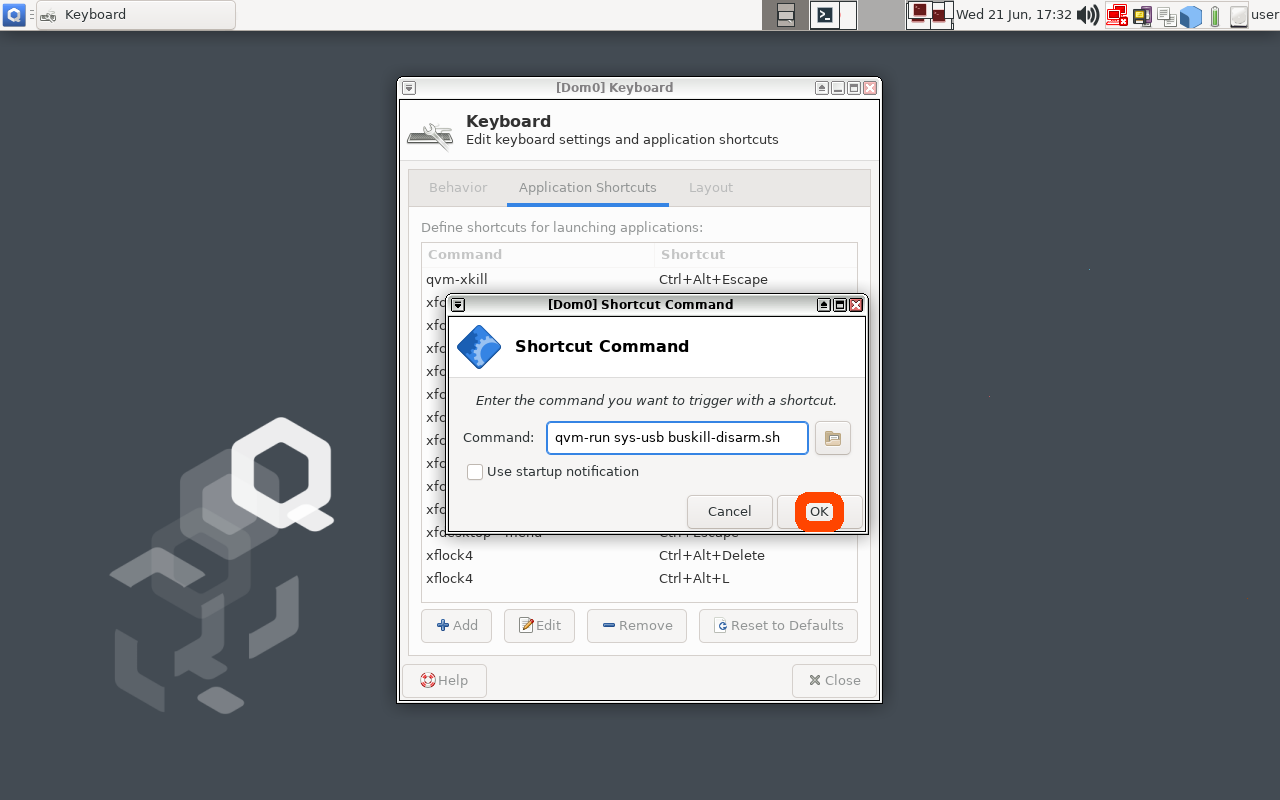 Screenshot of QubesOS Keyboard Settings Window that shows the OK button highlighted