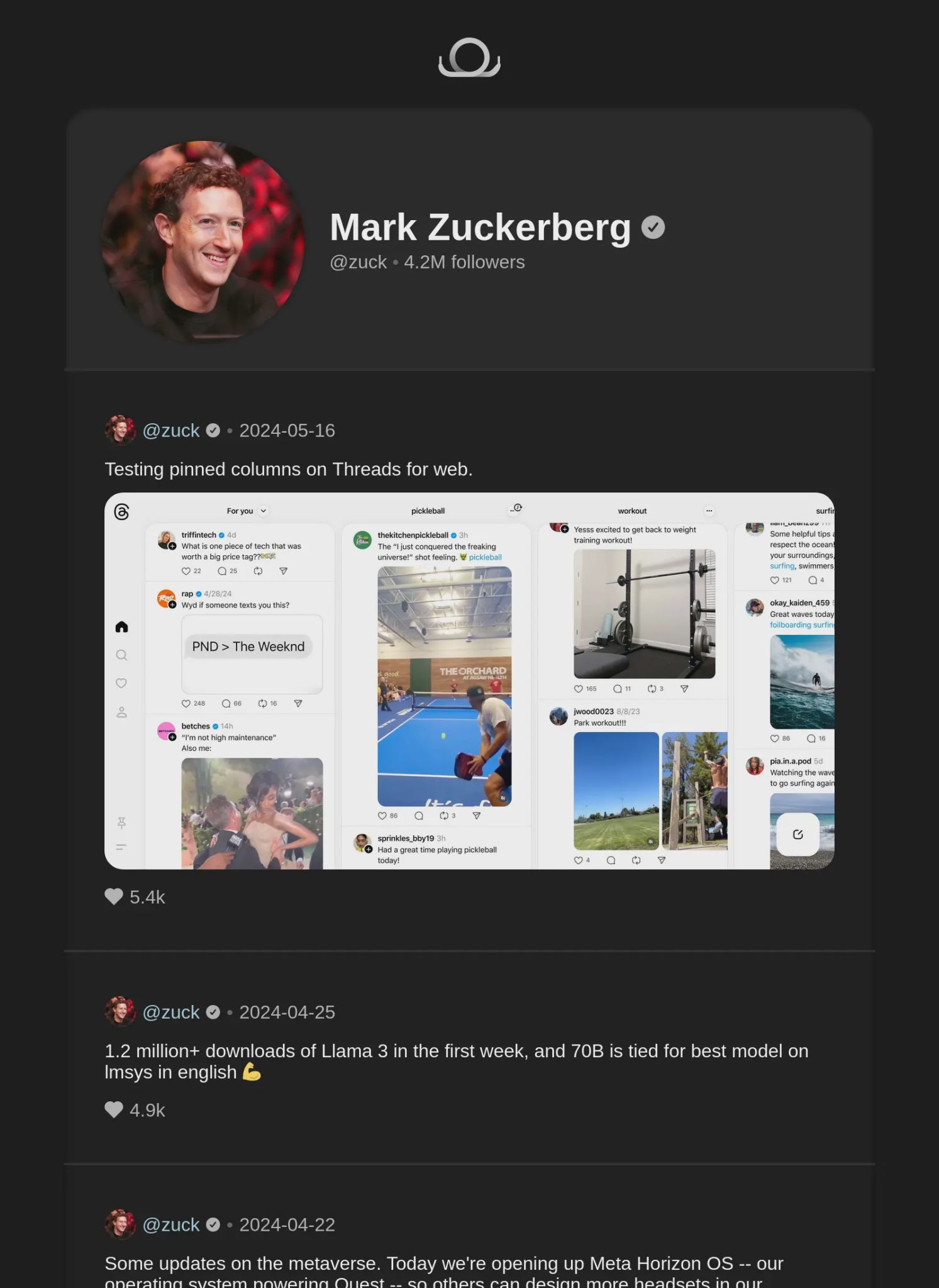 Mark Zuckerberg’s profile on Shoelace, showing three posts: One showcasing columns on the official Threads frontend, another congratulating himself for 1.2M+ downloads in his company’s new AI software, and the glimpse of a post related to the “metaverse”