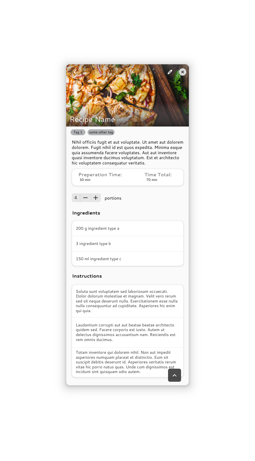An image of a gtk app in a mobile style form factor (portrait orientation) but it is too long to show content, that would normally require scrolling. The ingreients and instructions for preparing a meal are given.