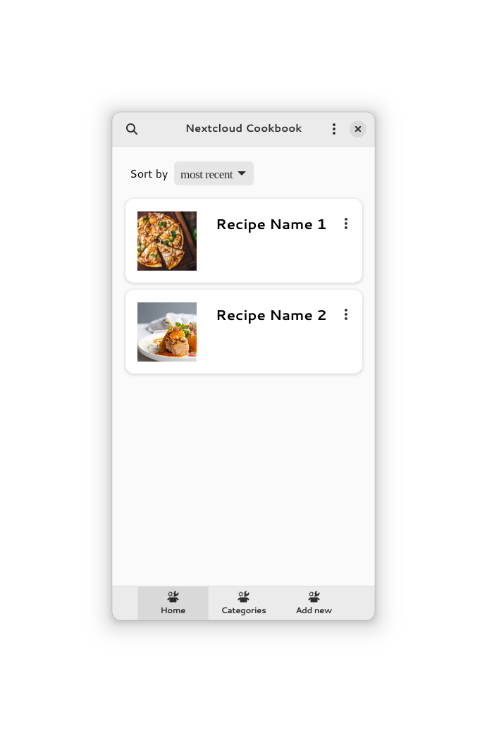 An image of a gtk app in a mobile style form factor (portrait orientation) The home page.  The app lists some recipes