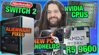 Steve Burke surrounded by Nintendo Switch 2, new Alienware desktop, new AMD and NVIDIA CPUs, and a cluster of new handheld devices