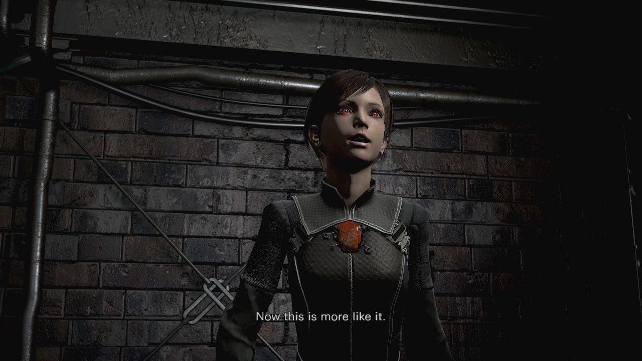 Rebecca wearing "team Wesker" costume, saying: Now that's more like it!